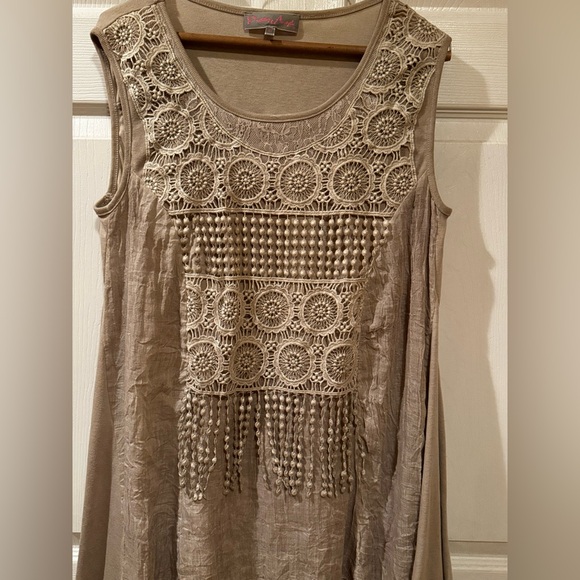 Pretty Angel Taupe Crochet Accent Blouse Never worn. I bought this at boutique. - Picture 1 of 3